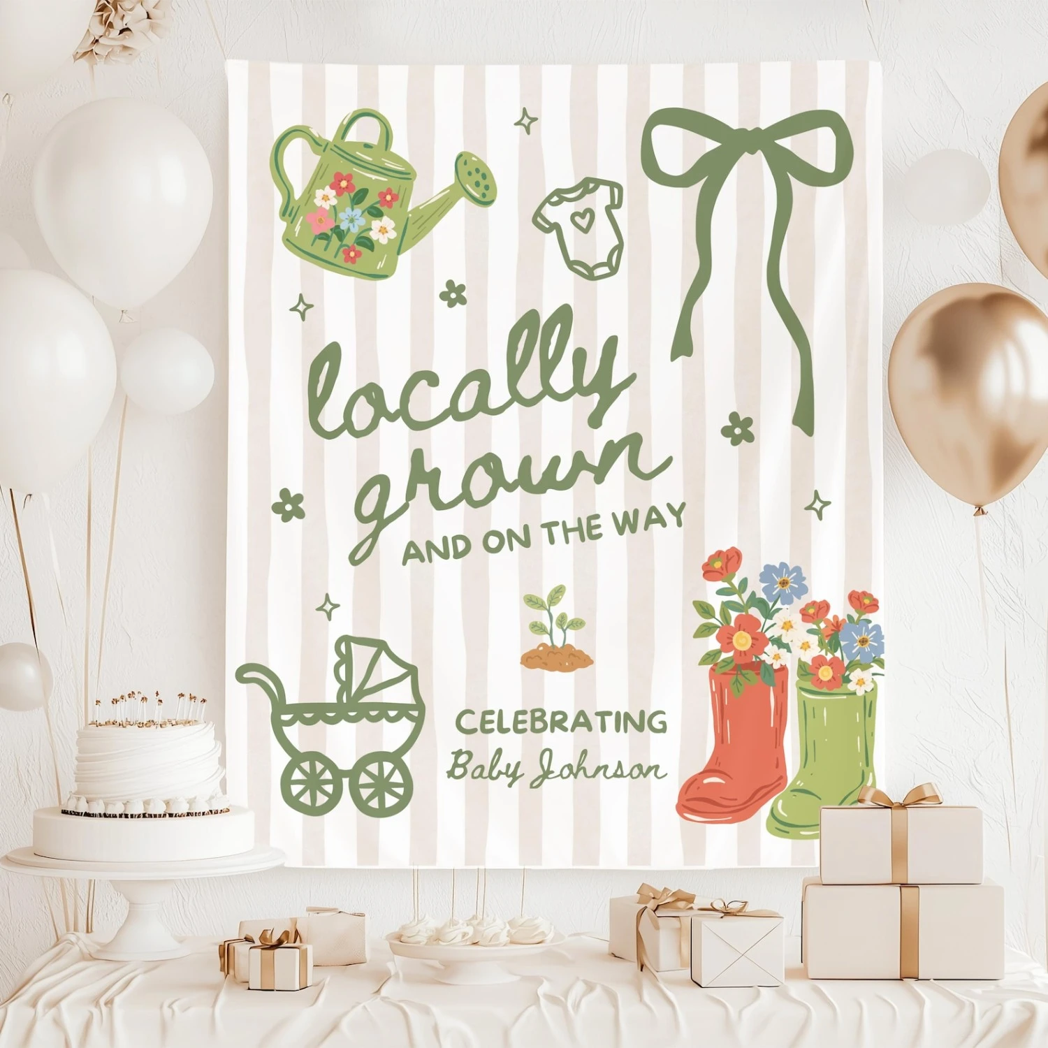 1pc Locally Grown On The Way Baby Shower Backdrop Floral Rainboot Garden Themed Party Decor Banner For Baby Shower