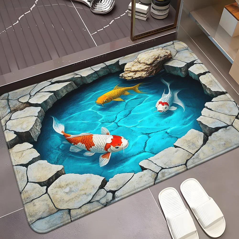 Koi Fish Pond 3D Printed Flannel Rug Indoor Floor Mat Japanese Garden Design Home Decor Living Room Entryway Art Nature Inspired