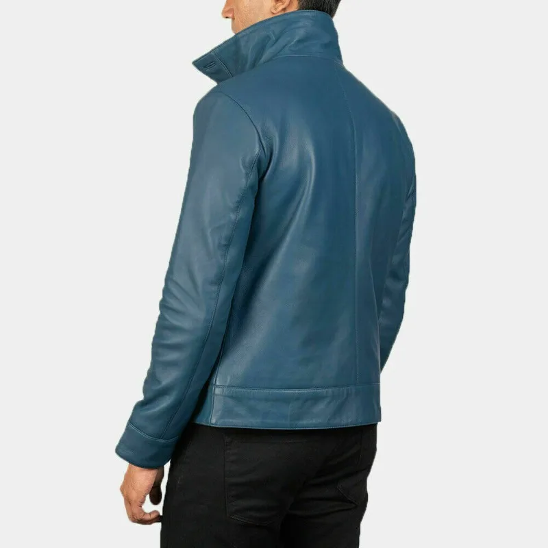 Men Jacket Genuine Lambskin Leather Trendy Classic Partywear Biker Blue Coat