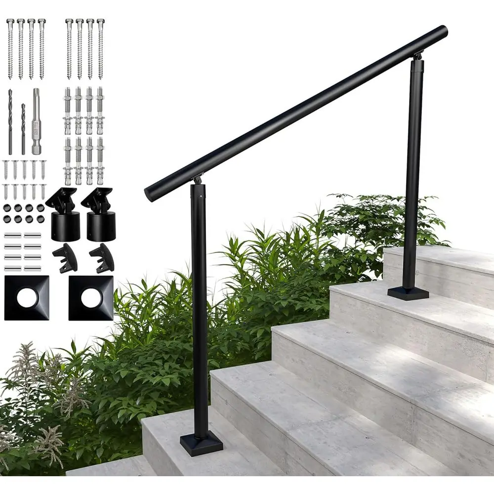 درابزين دائري من الألومنيوم للخطوات والسلالم - تحميل 800 رطل، مجموعة 0-4 خطوات، الشرفة والسطح (أسود محكم، 4 أقدام)