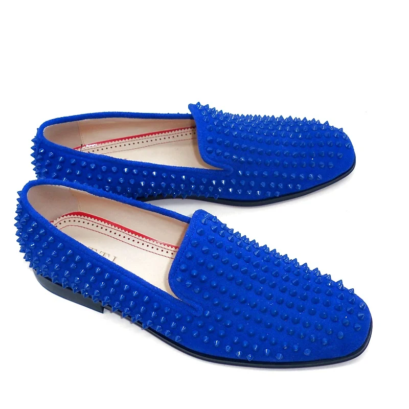 

LOUBUTEN High Quality Blue Suede Loafers Men Rivet Shoes Handmade Full Spikes Dress Shoes Slip On Male Party Shoes