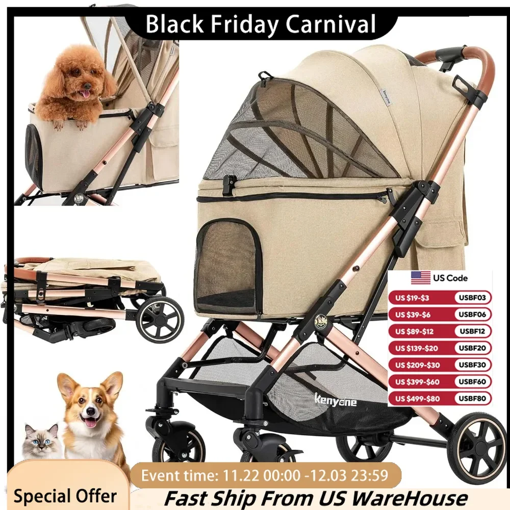 Pet Stroller for Small To Medium Dogs Durable Cat Stroller with Lightweight Aluminum Frame, One-Click Folding, No Zip Entry