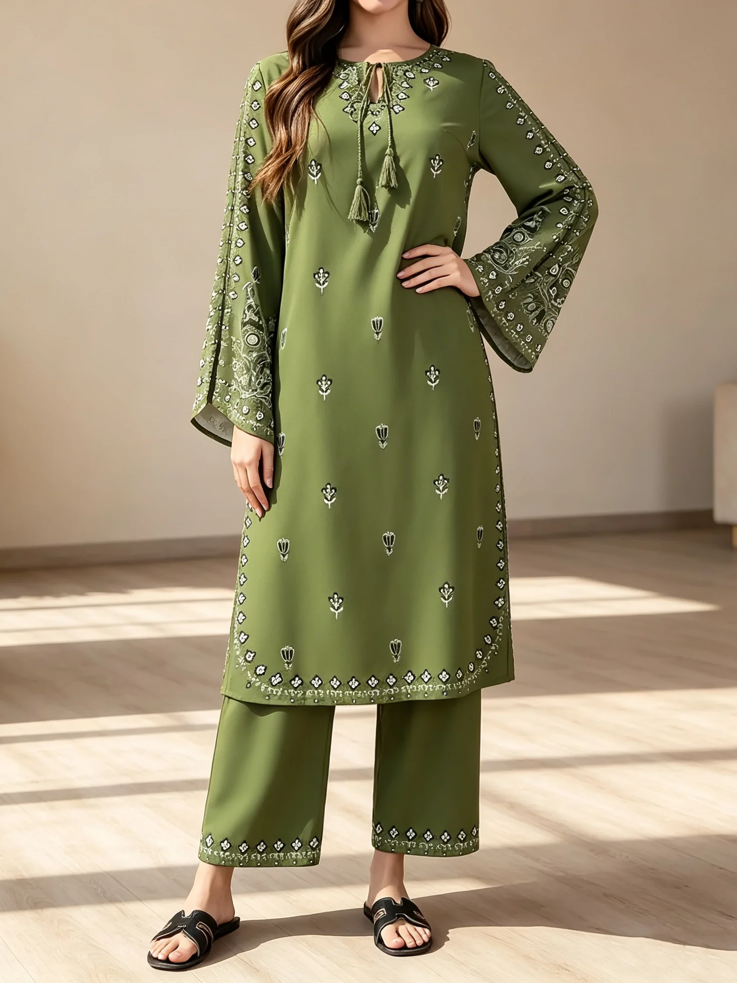 2pcs Boho Chic Salwar Suit Ethnic Print Lightweight Non-See-Through Ramadan Fashion with Flared Cuffs & Hem for Women Outdoor Ev