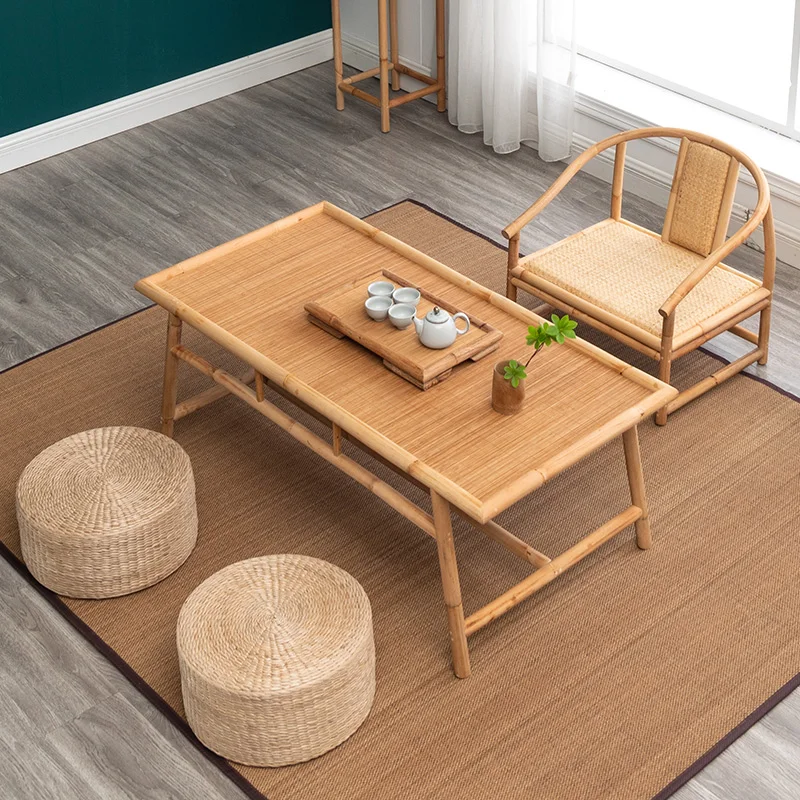 

Simple tatami coffee table solid wood bay window new Chinese Zen bamboo rattan tea table and chair