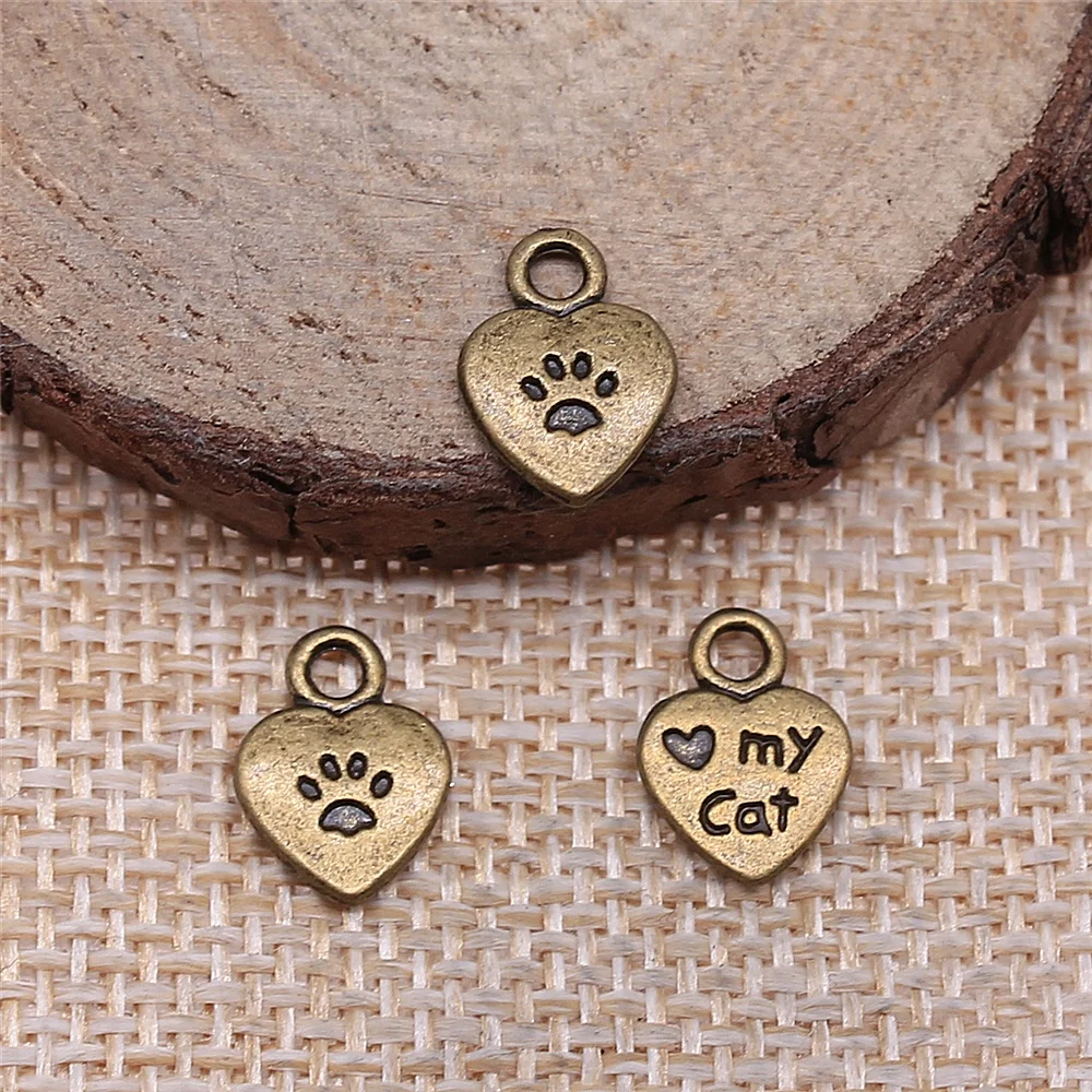 WYSIWYG 20pcs/lot Love My Cat Paw Print Charms For Jewelry Making 8x12mm Antique Bronze Plated Accessories