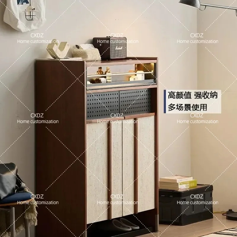 Retro solid wood shoe cabinet mid-ancient style entrance hall cabinet small apartment narrow locker storage