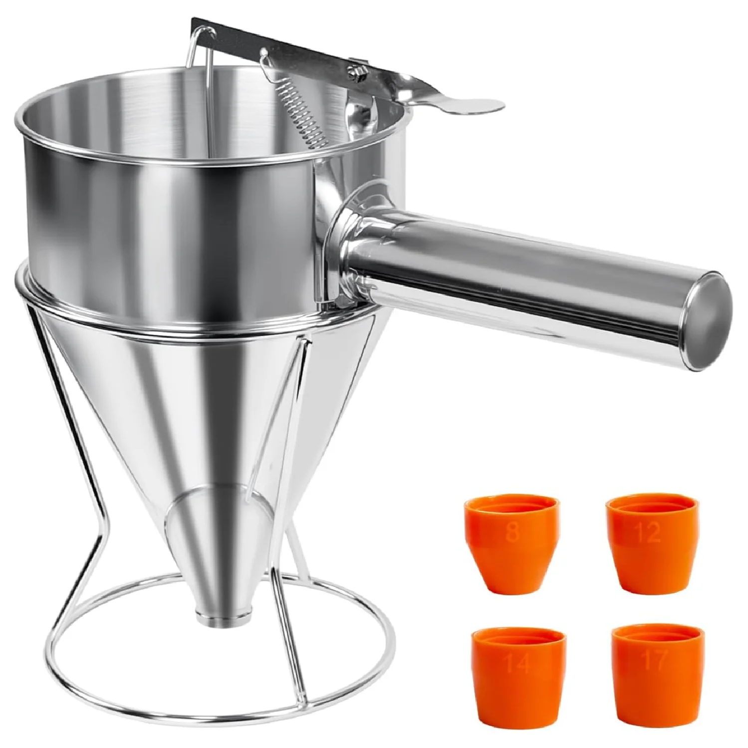 40oz Stainless Steel Pancake Batter Dispenser Pancake Dispenser with Stand and Squeeze Handle, 4 Interchangeable Nozzles