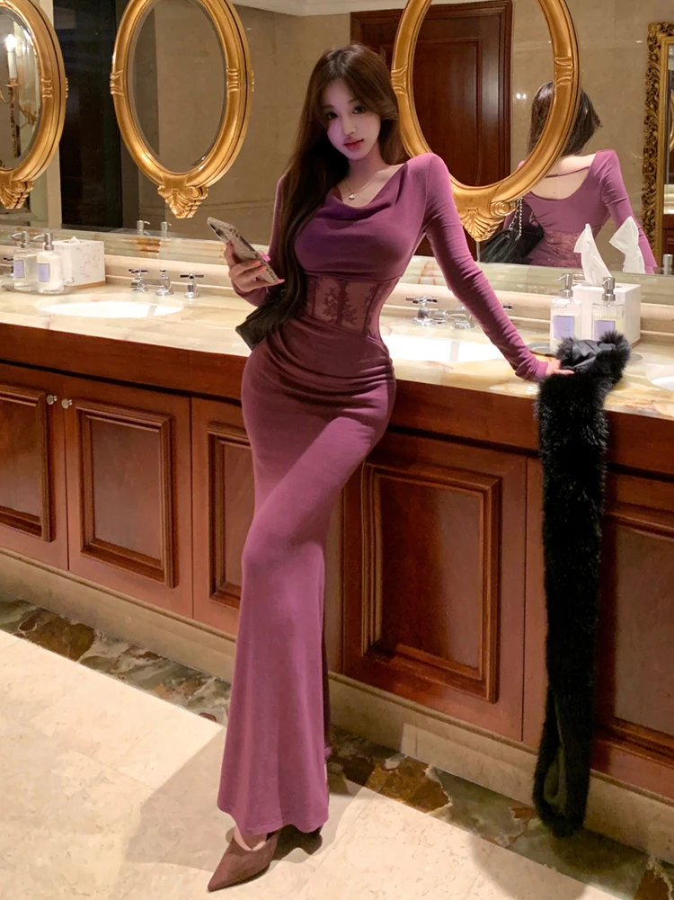 REDDACHiC-vestido calado de encaje para mujer y bufanda de piel sintética, tejido de manga larga con cuello vuelto, vestido largo ajustado, ropa Sexy de otoño