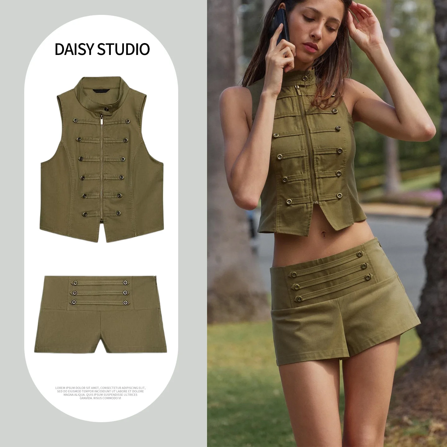 Women's Summer Fashion Set Straight Tube Sleeveless Stand Collar Zipper Decorated Vest  Shorts mid Waist Casual Shorts