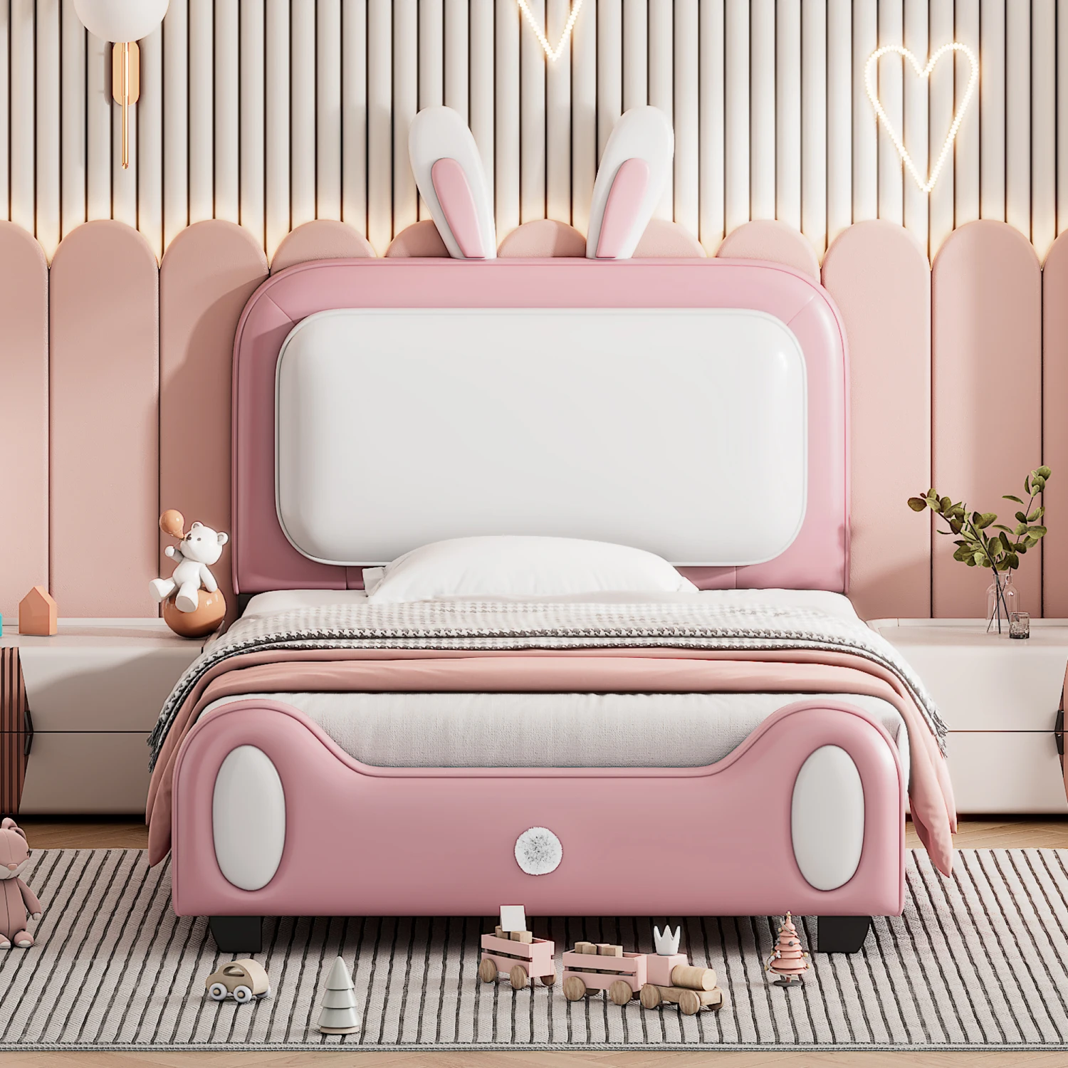 Twin Size Upholstered Princess Bed White Pink Rabbit Shape