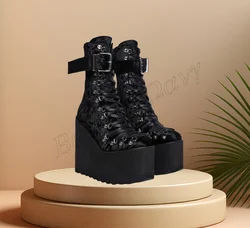 Black Flock Belt Decor Punk Boots Platform Strange Style Shoes Chunky High Heel Shoes for Women Shoes 2024 Zapatos Para Mujere