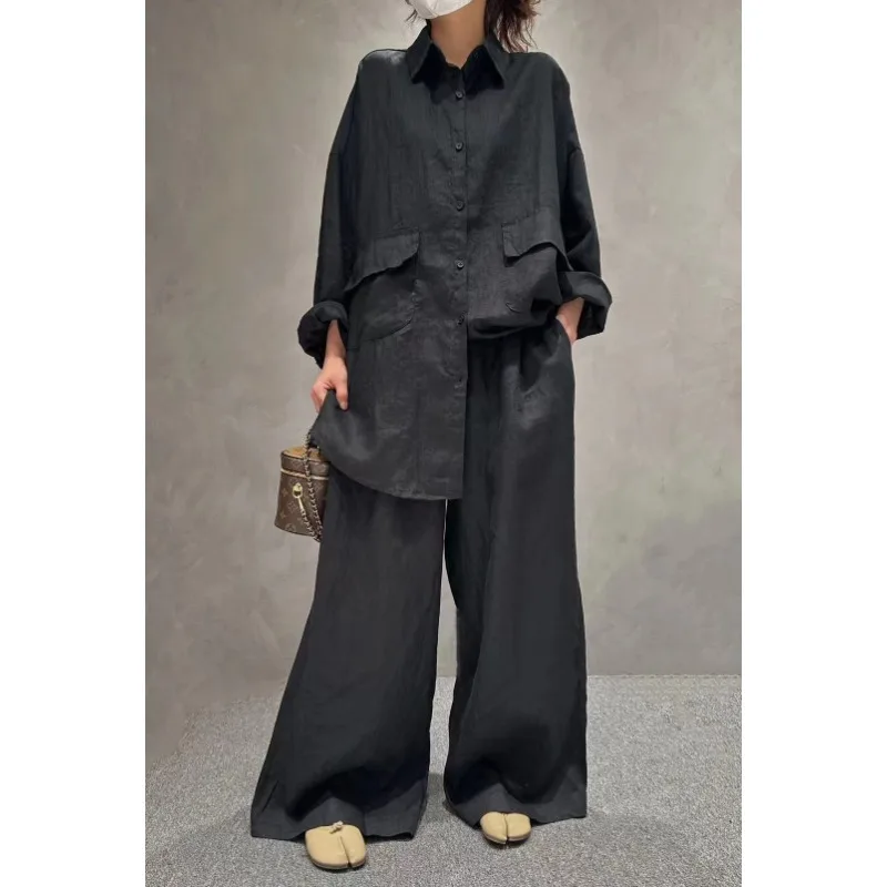 SuperAen 2024 Summer New Women\'s Lapel Shirt Long Sleeved Loose Linen Casual Vintage Wide Leg Pants Fashion Sets