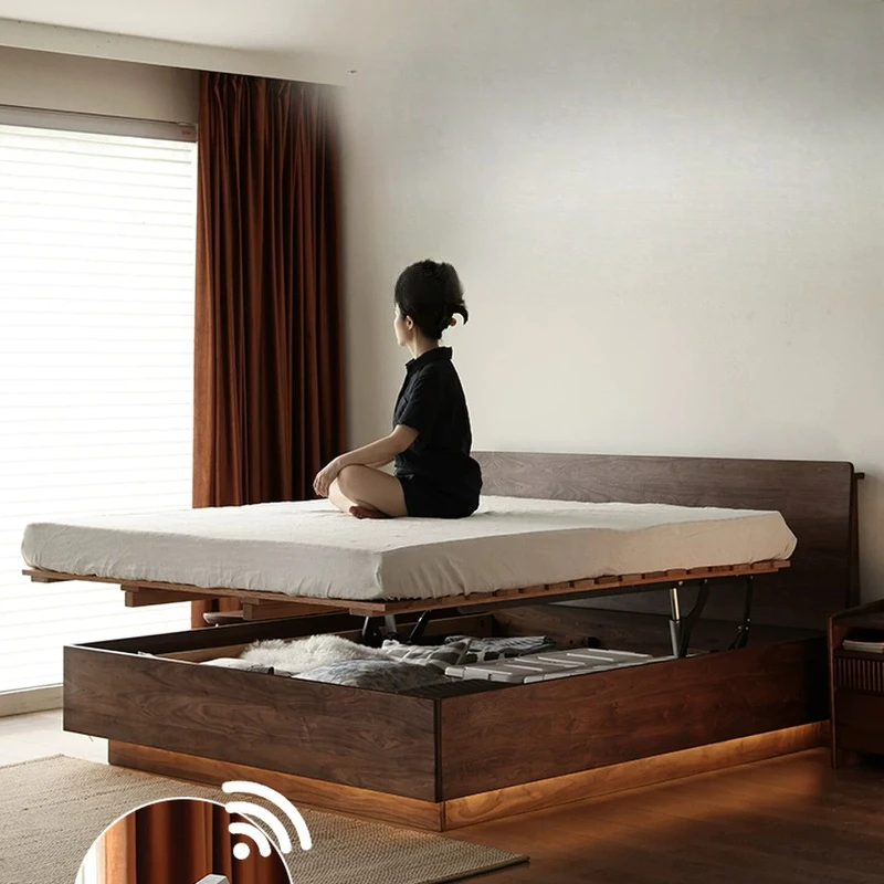 

North American black walnut bed 1.8 meters double bed all solid wood retro electric box air pressure high box storage bed