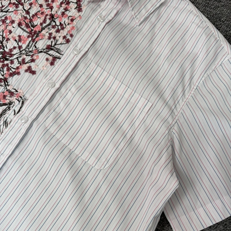 Newly Arrived DERSCHUTZE Shirt High Quality Cherry Blossom Embroidery Pattern Striped Casual Shirts