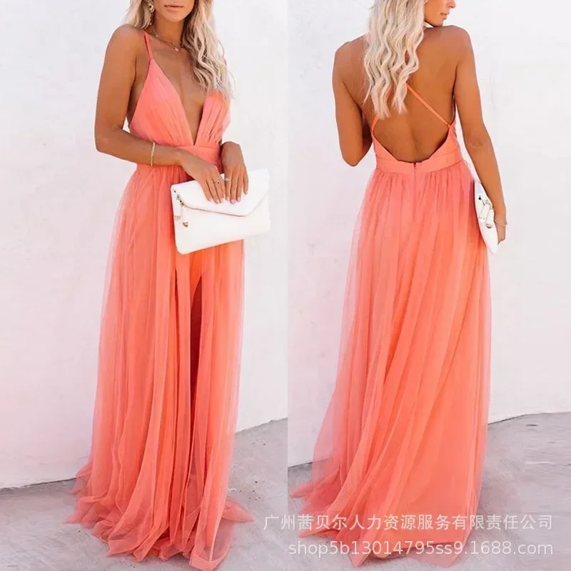 Dames avondfeest hoge taille vloerlengte sexy jurk oranje mouwloze rugloze gaas lange jurk