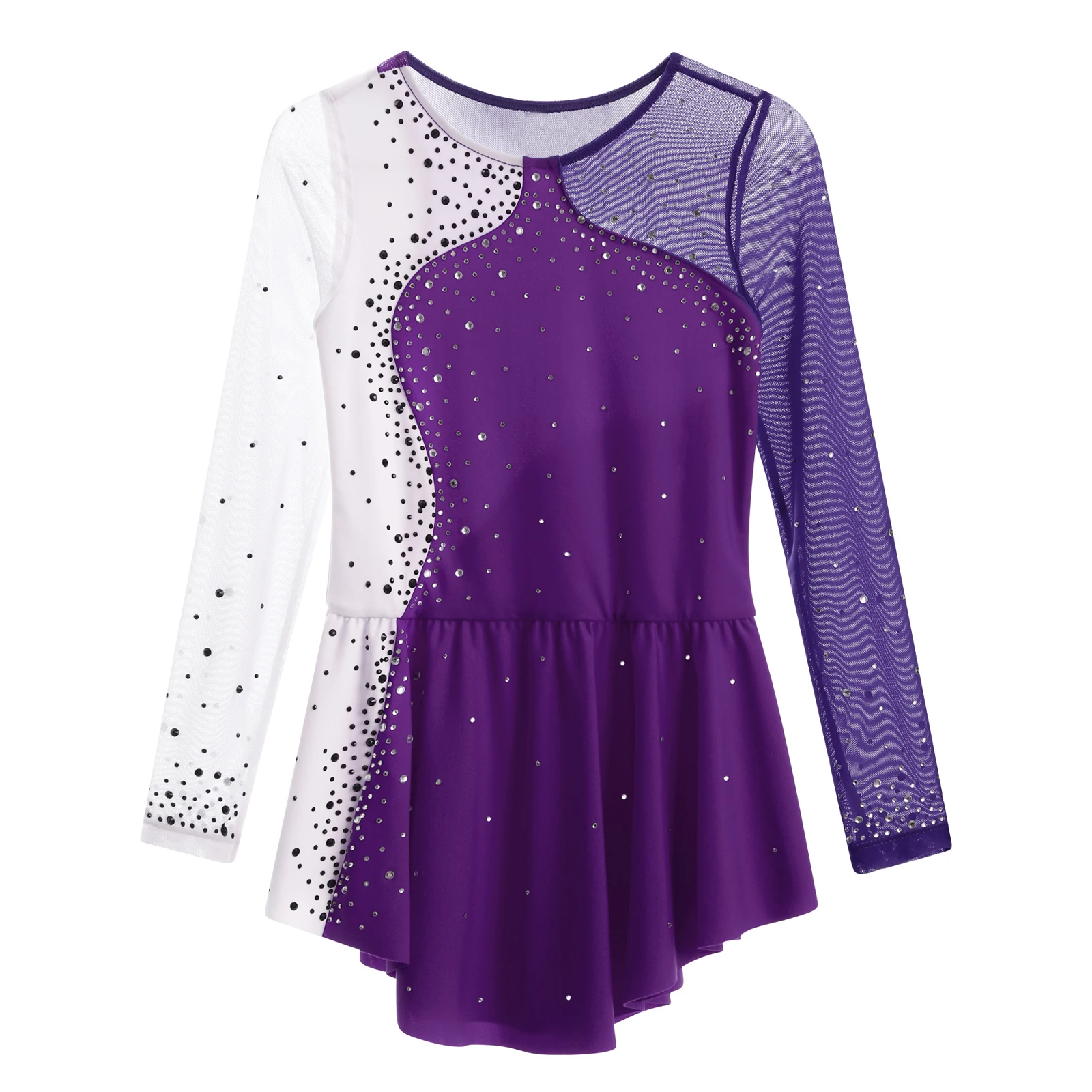 Girls Figure Ice Skating Dress Ballet Dance Gymnastics Leotard Tutu Long Sleeve Shiny Rhinestone Splice Roller Dresses Dancewear