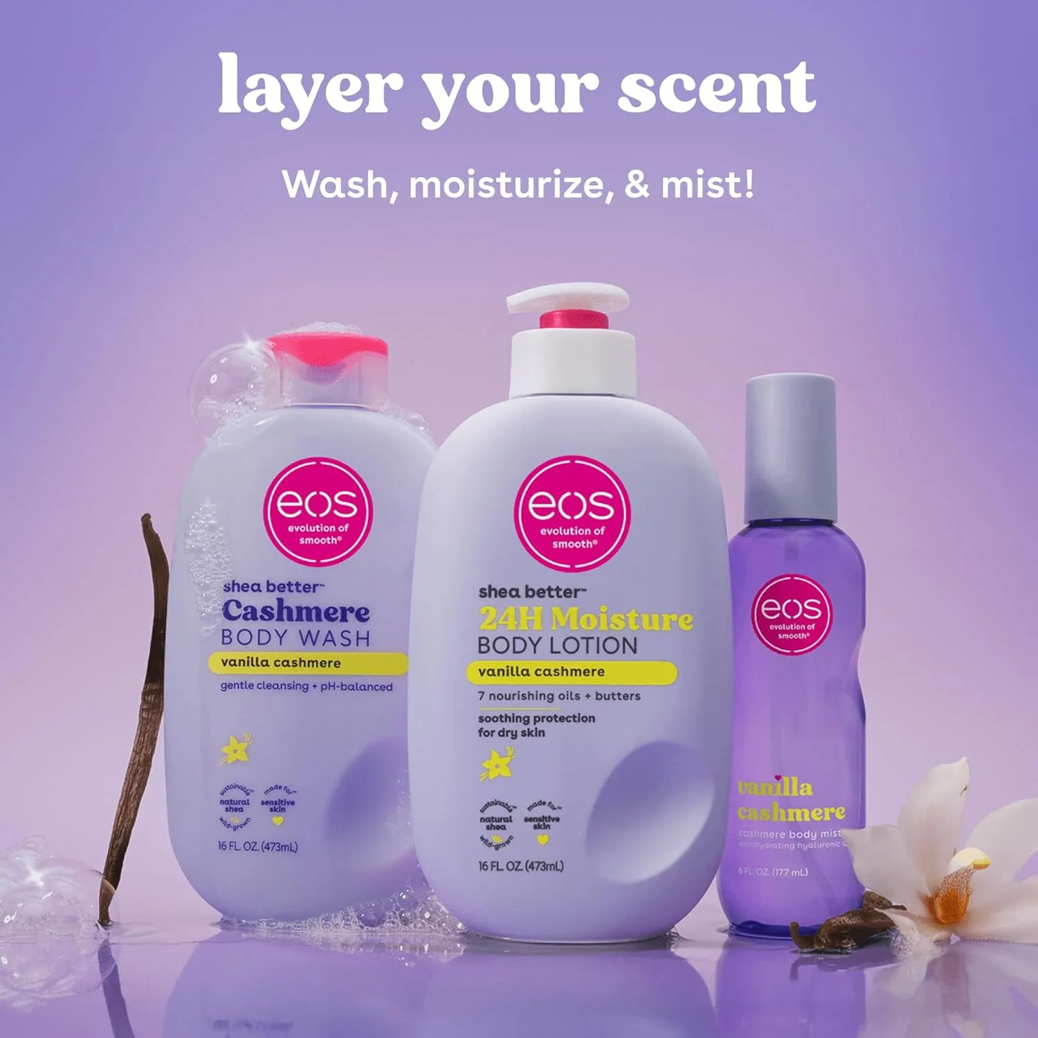 eos Vanilla Cashmere Body Oil & Mist 24 Hours Moisturising Smoothing Dry Skin Deep Hydration Lightweight Daily Body Skin Care