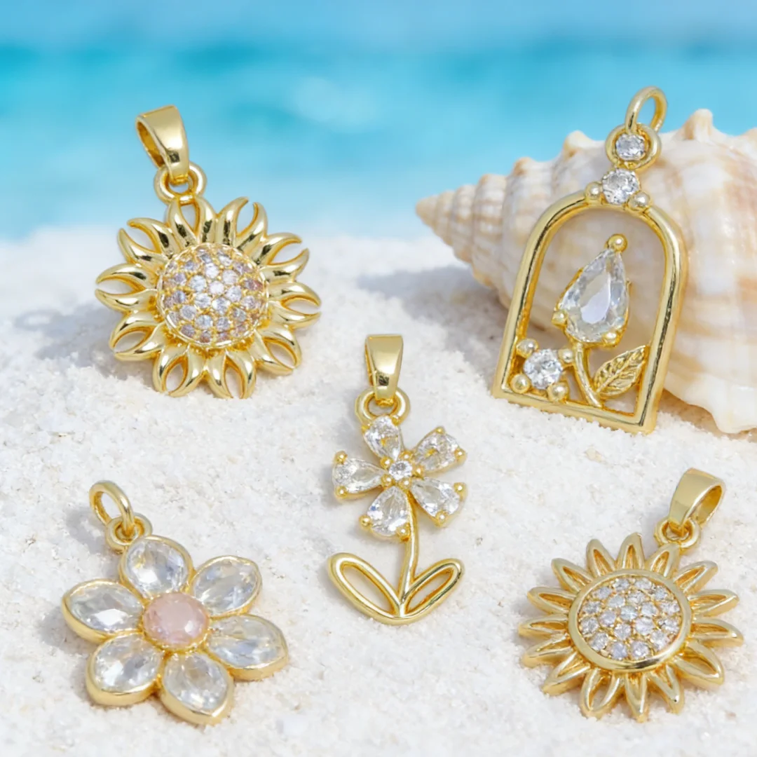 

5Pcs Pendants Brass Cubic Zircon Floral Sun Shaped Charms for DIY Jewelry Necklace Bracelet Making Supplies Creative Accessories