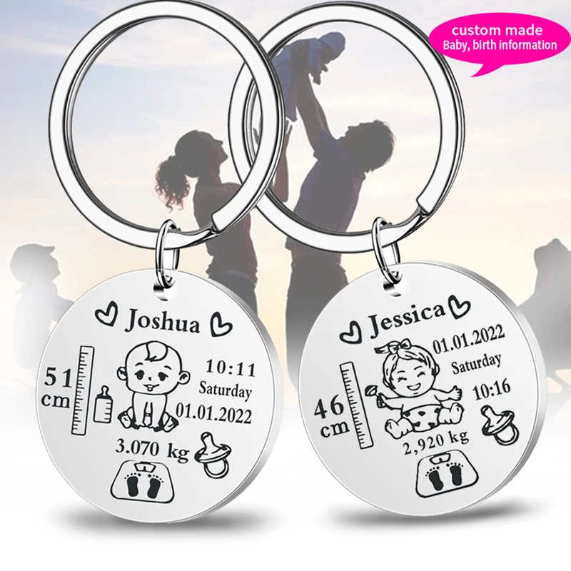 Lovely Personalized Engraved Stainless Steel Keychain Name Birth Weight Height For Newborn Baby Information Keyring Gift