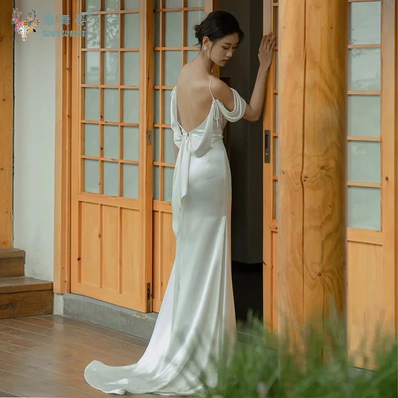 Estilo coreano moda de gama alta satén tirantes hombro Baring moda Sexy espalda descubierta novia boda sirena vestido de compromiso