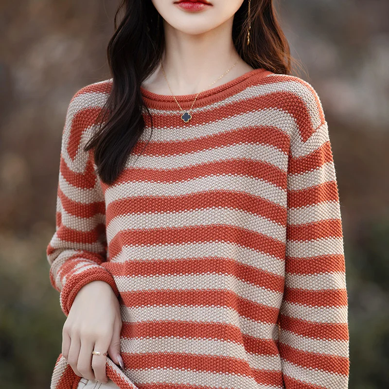 2024 Spring Autumn New 100% Cotton Sweaters Women O-neck Striped Female Long Sleeve Tops Korean Fashion Loose Oversized Pullover