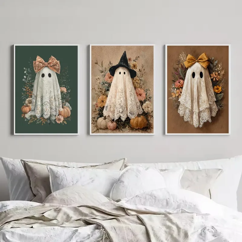 Cute Halloween Lace Dress Ghost Fall Floral Spooky Cottagecore Aesthetic Poster Canvas Painting Wall Art Pictures Home Decor