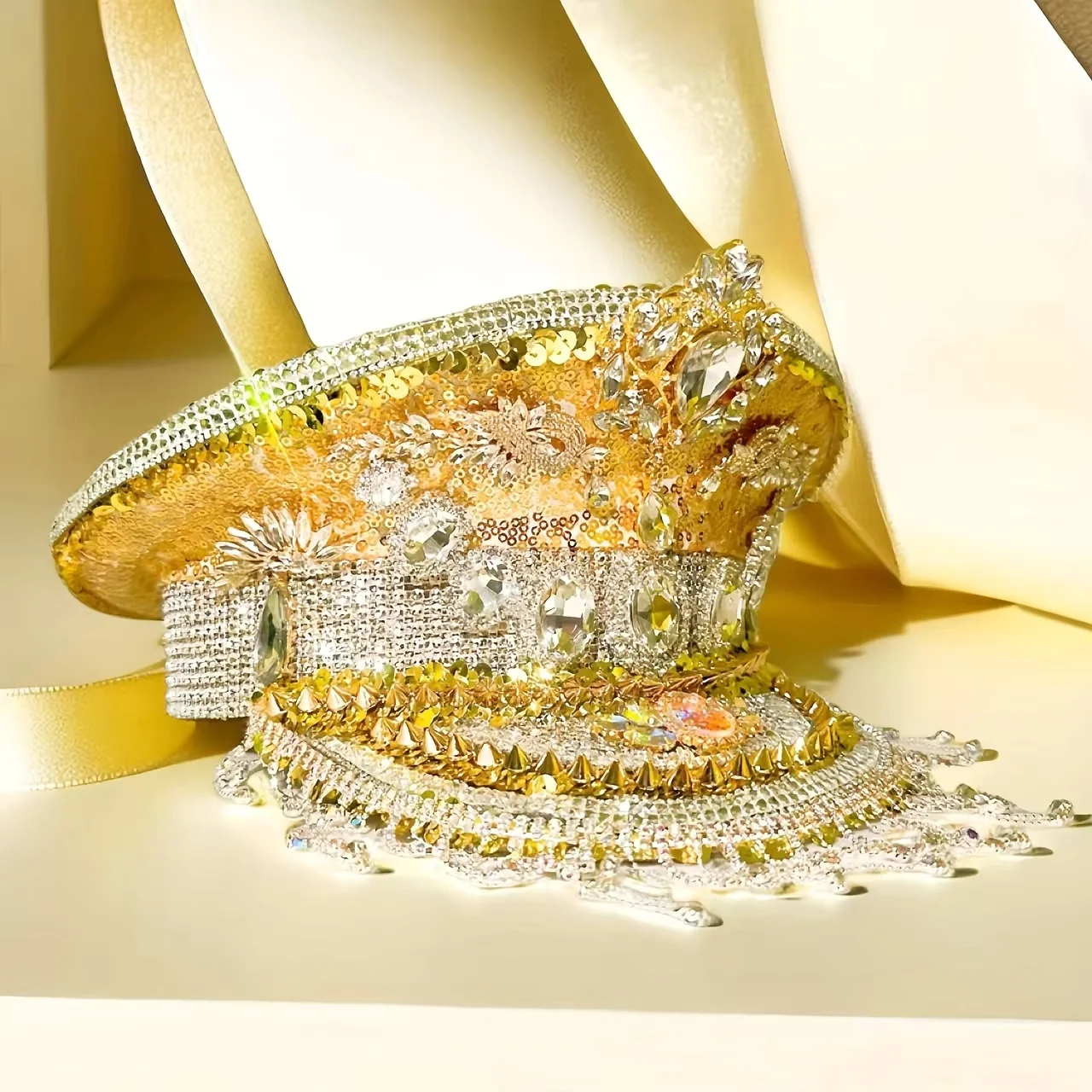 HongLuan Chapéu de capitão com laço de couro amarelo laser strass e bonés militares para mulheres, acessórios para festivais rave e boné de festa masculino