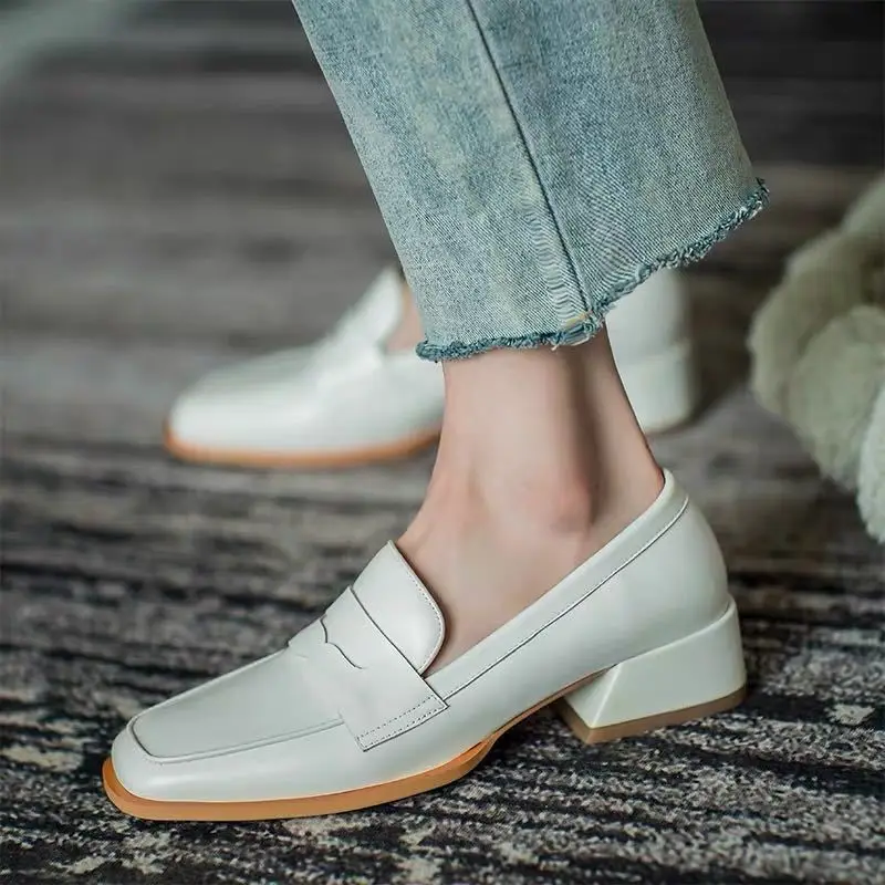 Formal Shoes for Women 2023 Loafers Low Heel Elegant Black Ladies Summer Footwear White Vacation 39 Non Slip Chic Genuine Mark A