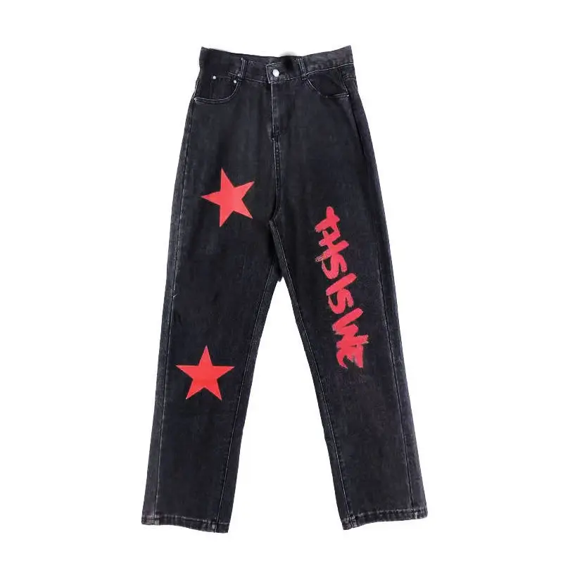 Imagem -05 - Hip Hop Streetwear Vintage Mulheres Black Jeans Oversize High Street Moda Calças Casual Estrelas Impressão Perna Larga Calças Retas