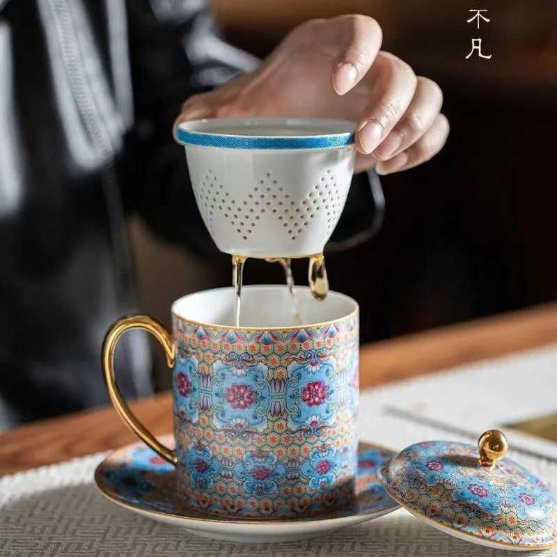 New Chinese ceramic teacup set, enamel color men's and women's high-end gift box for elders