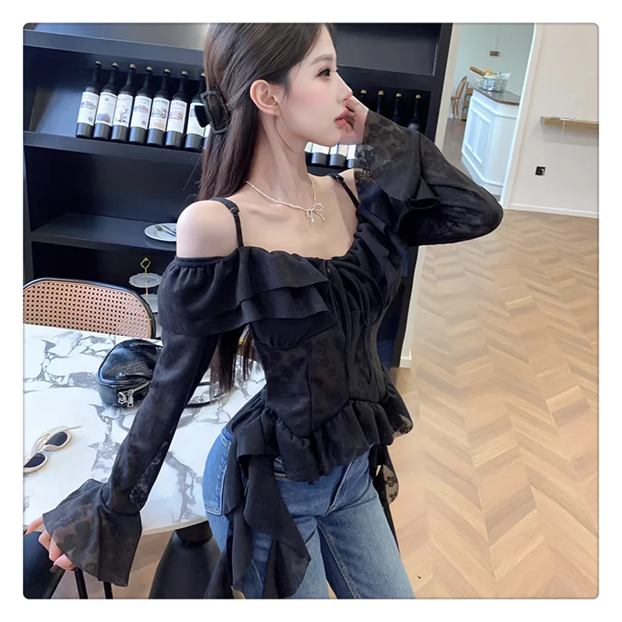 

Sweet Flare Sleeve Blouses Women Ruffle Temperament Shirt 2025 Spring New French Style Slim Fit Top Gentle Blusas