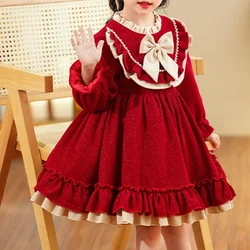 Girls 2023 Winter New Fashionable Korean style Dress Children Fashionable Bow Lace Collar Plush Thickened Princess Dress