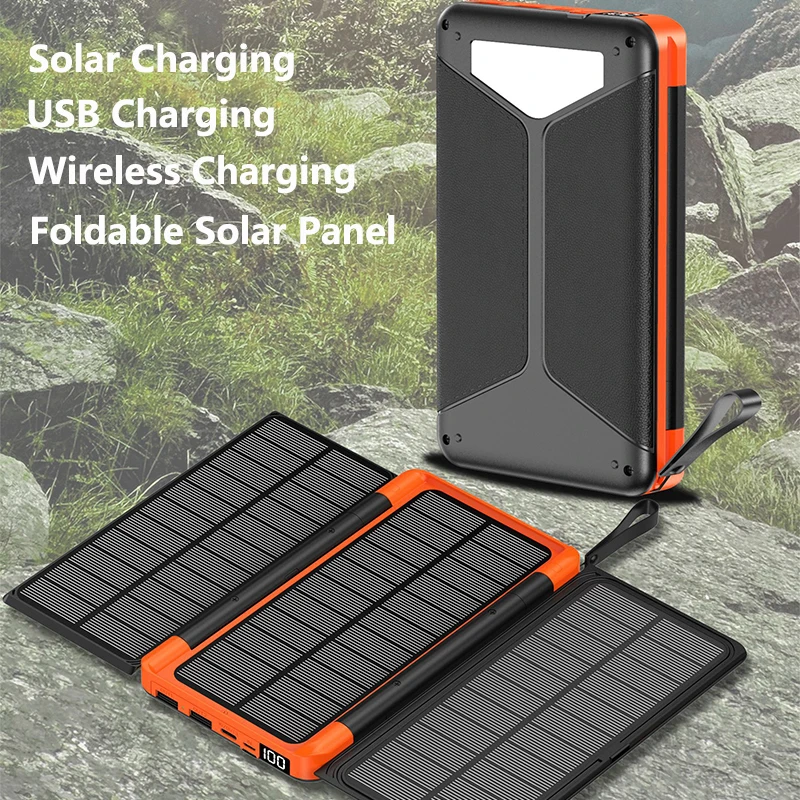 

Folding Solar Power Bank 20000mAh with 3 Solar Panel Wireless Charger Powerbank for iPhone 15 14 13 Samsung S23 Xiaomi Poverbank