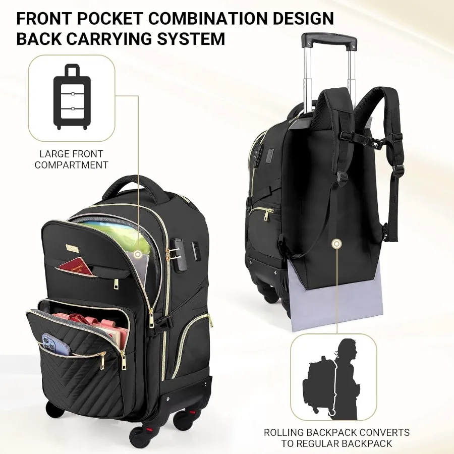 حقيبة ظهر ستار كلاود رولينج للنساء مقاس 21 بوصة × 14 بوصة × 9 بوصة حقيبة ظهر للسفر بسعة 45 لتر مع عجلات ومنافذ شحن USB ونوع C تناسب 17.3 بوصة عرض #6