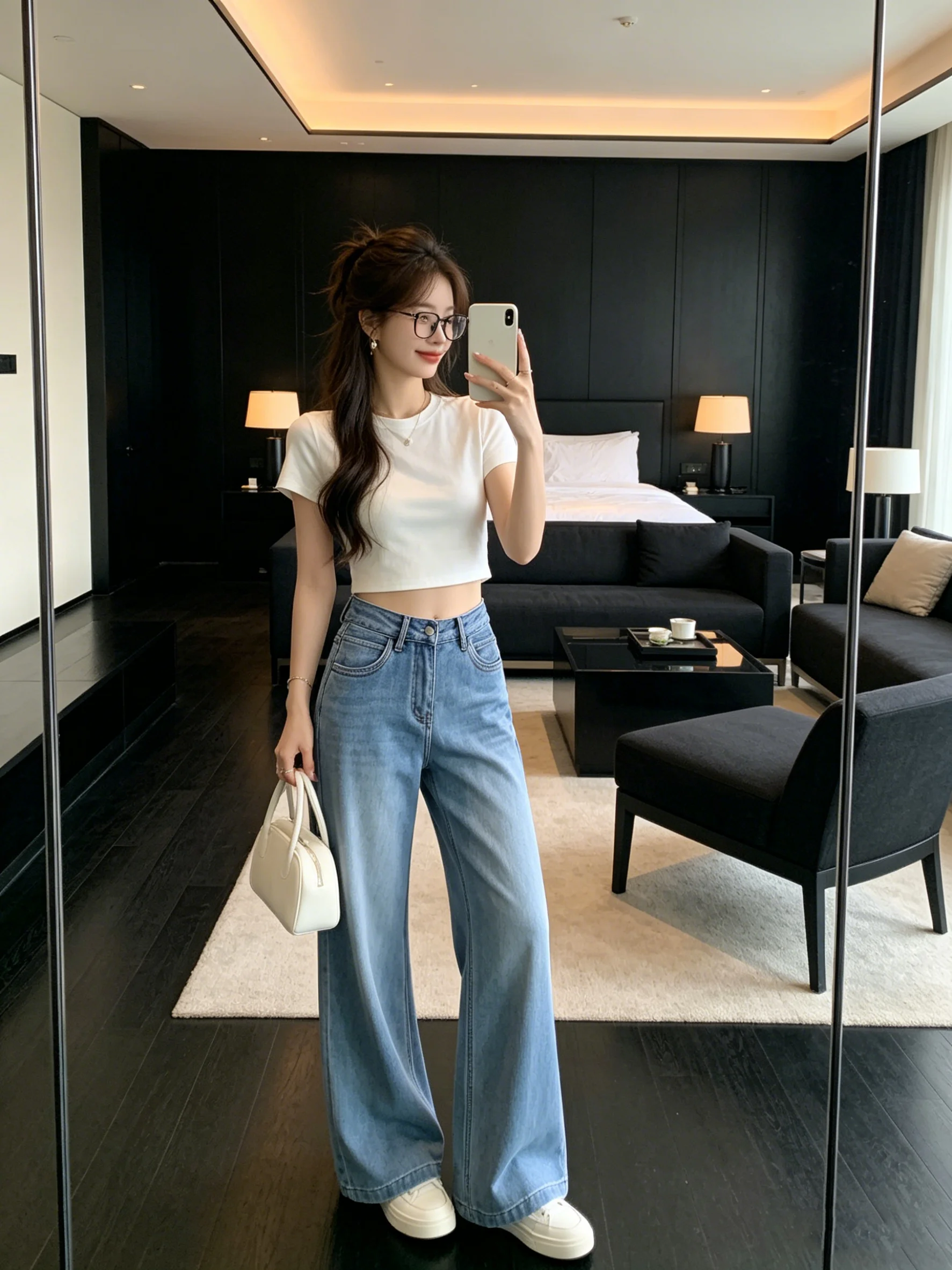 

High Waist Bell Bottom Denim Jeans Women's Slim Fit Versatile Korean Style Washed Denim Casual Straight Leg Trousers