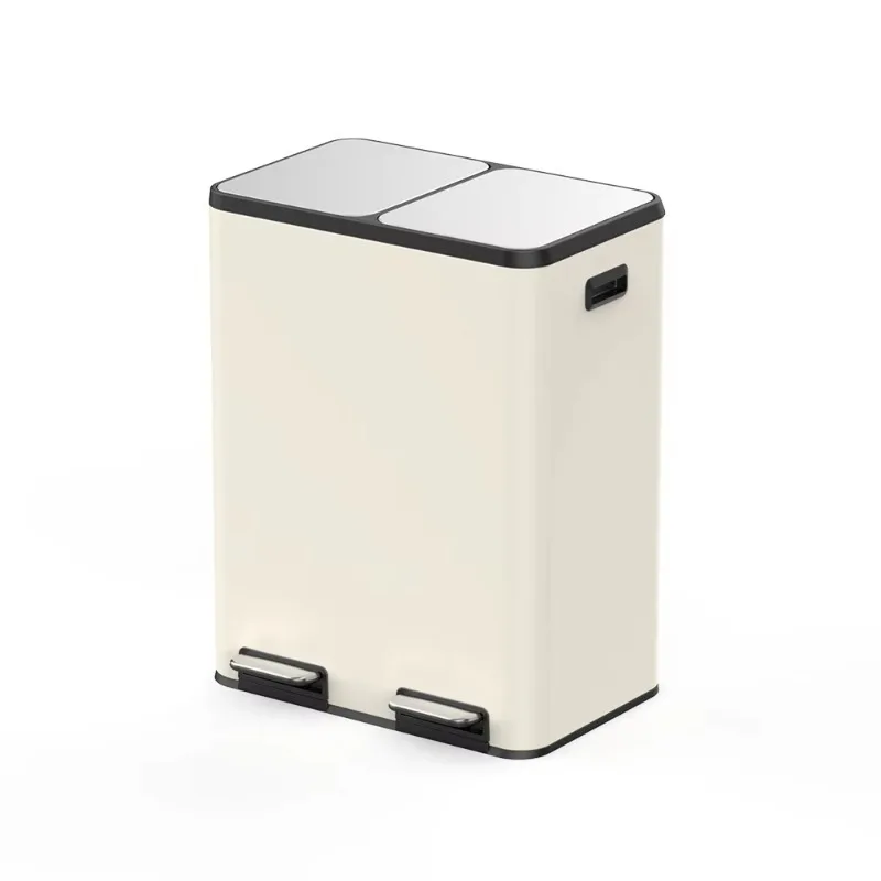 

Новейшая модель мусорного бака для кухни с двумя отделениями, прямоугольной формы, из нержавеющей стали, с ножным управлением и плавным закрыванием.