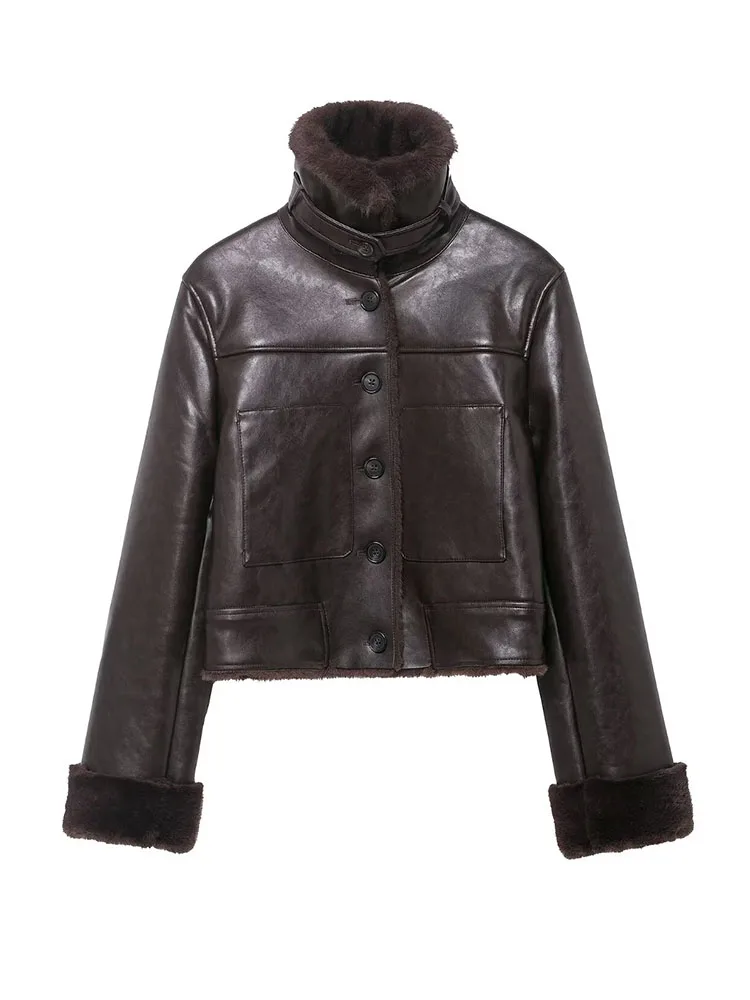 

HH Women's Winter Fashion Reversible Faux Fur Jacket Female High Collar Single Breasted Pocket Decorated Long Sleeve Warm Coat