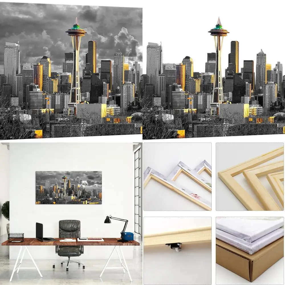 

Seattle Skyline Wall Art: Modern Black and White Cityscape at Sunset, 24x48 Stretched Canvas, Ready to Hang for Living Room