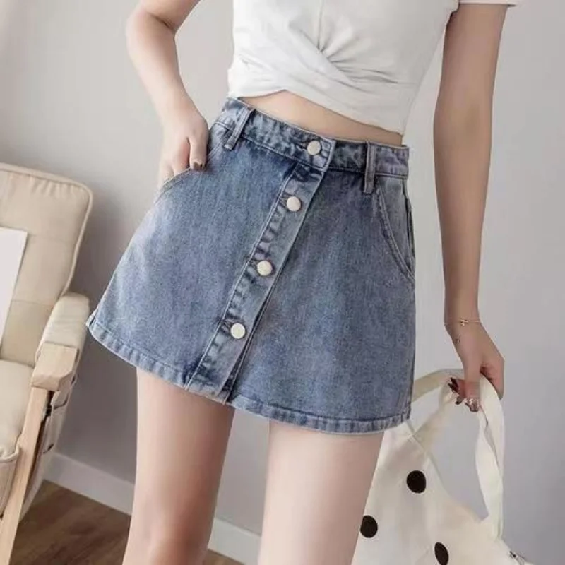 กระโปรง celana pendek DENIM ลำลองโอเวอร์ไซส์เอวสูงวินเทจของผู้หญิงสำหรับฤดูร้อน MODE Korea ทรงหลวมฮิตสำหรับผู้หญิงยีนส์ขาสั้นเข้ากับทุกชุด