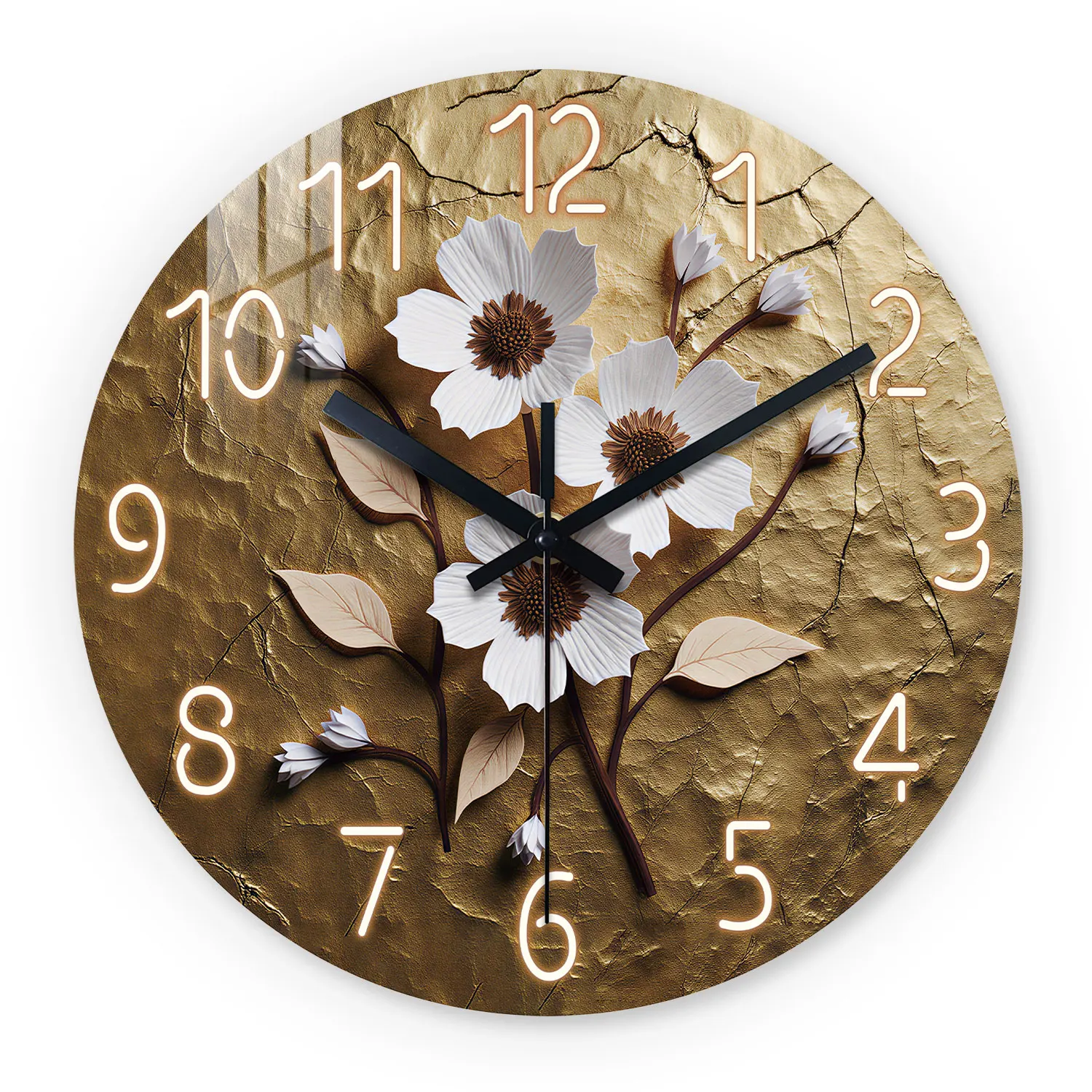 White Floral Gold Foil Texture Wooden Wall Clock, 10-24inch Silent Wall Clocks, Aa Battery Powered, Suitable for Living Room, Bedroom, Office, (Battery Not Included) Mother's Day, Easter, April Fool's Day