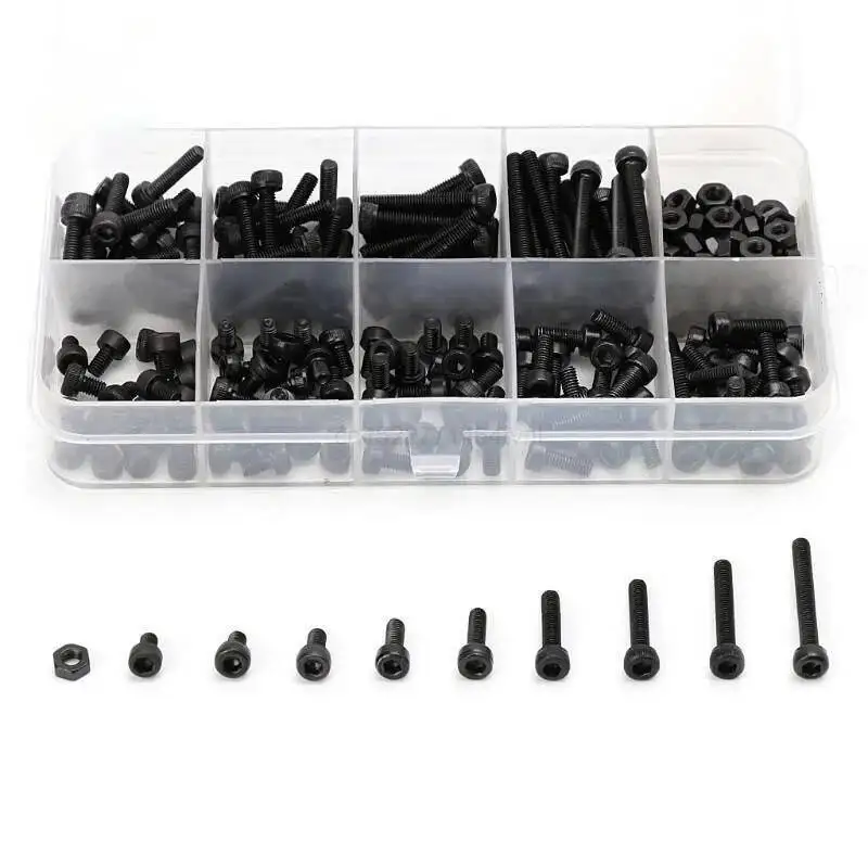280pcs/box M2 M2.5 M3 Screw Kits Hex Socket Head Cap Screw DIN912 Black Steel Hexagon Cylinder Bolt Kits