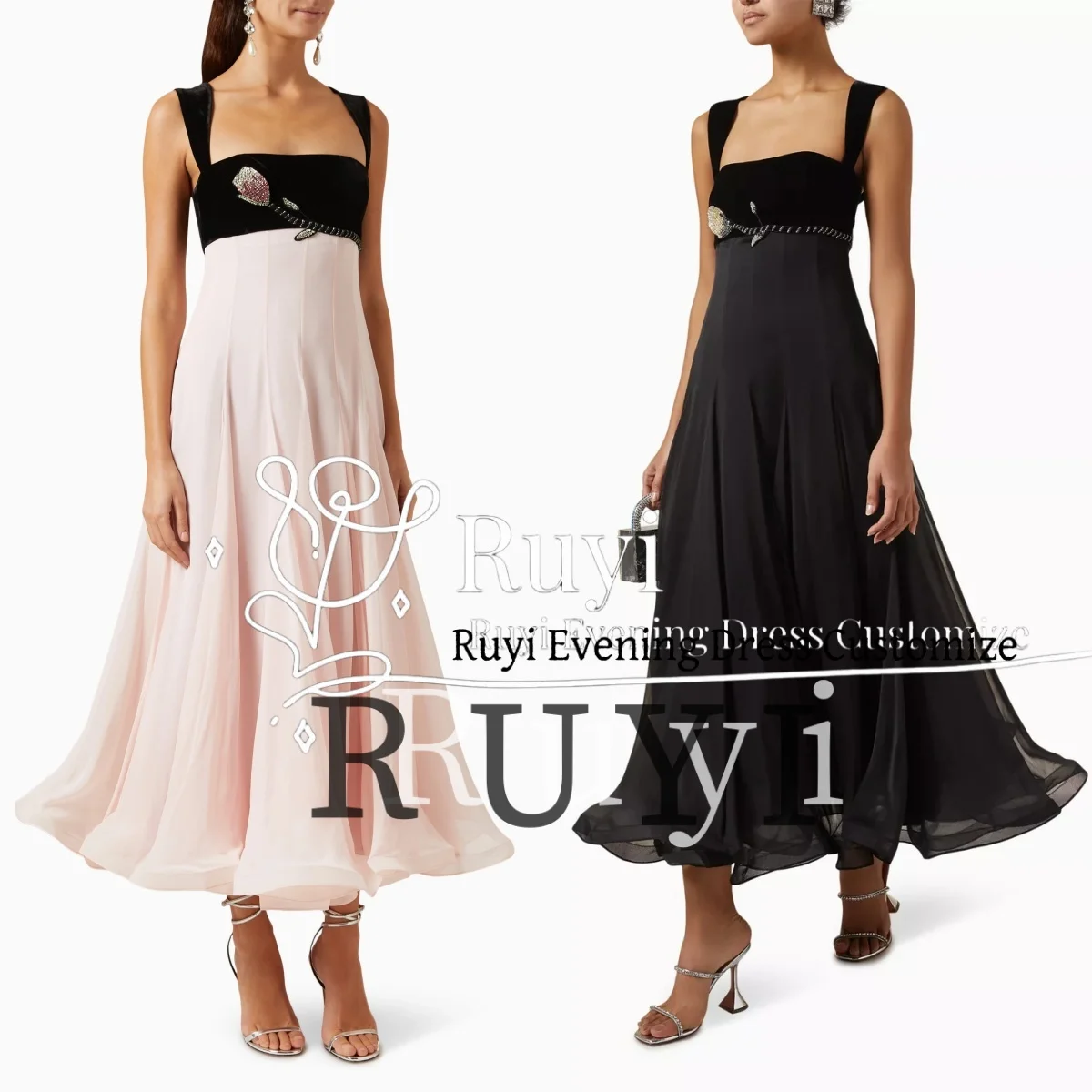 Customized Patchwork Chiffon Sweet Formal Prom Dress Floral Rhinestone A-line Birthday Formal Occasion Evening Dress