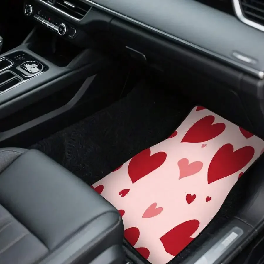 4-Piece Car Floor Mats With Red Heart Pattern On Pink Background Non-Slip For Hatchbacks Pickup Trucks