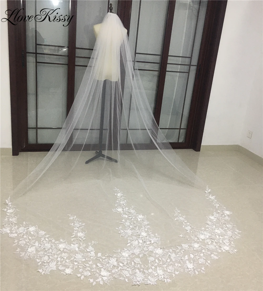 Long Wedding Veil for Bride Lace Appliques Petals 3D Floral Bridal Veil Cathedral Bride Accessories White Ivory velos de novia