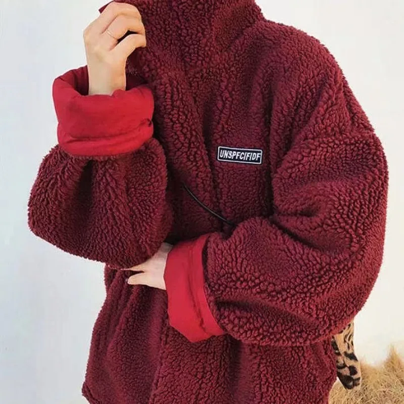 Women's Reversible Coat Autumn Winter Lambswool Jacket Student Top Double-sided Stand-up Collar Coat Thicken Cotton Coat