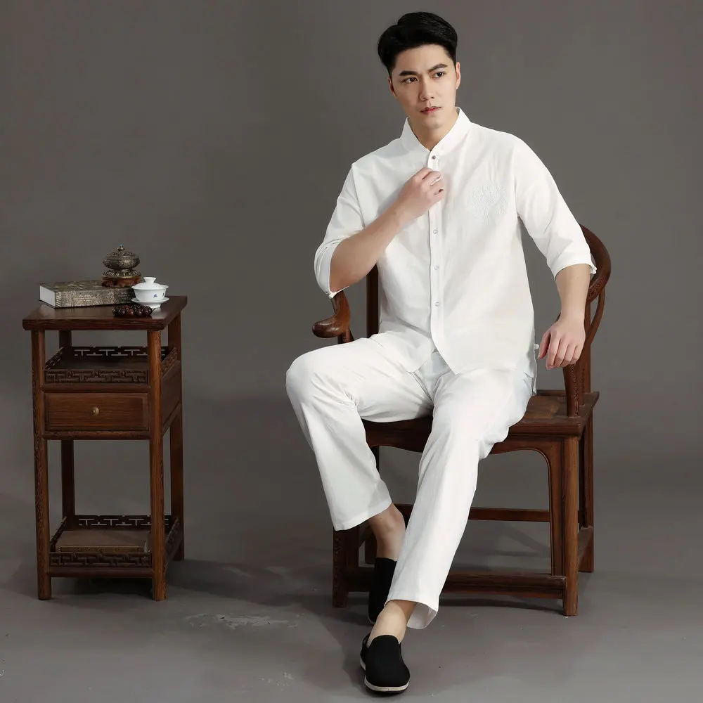 Quiet Luxury Men Linen Cotton Two-Pieces Set Mandarin Collar Shirt & Drawstring Pant Suit with Embroidery Navy/White/Khaki