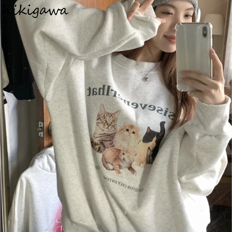 Streetwear Women Hoodie Vintage Cat Print Long Sleeve O-neck Sweatshirt Casual Fashion Korean Hoodies Y2k Tops 2024 Ropa Mujer