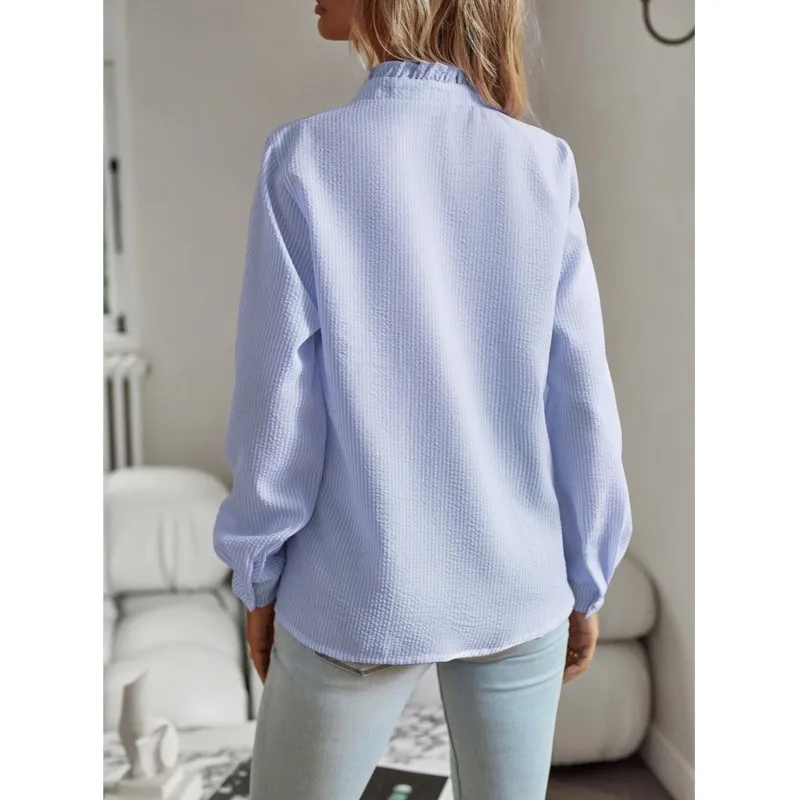 White Blouse Women Cotton Ruffles Stripe Loose Fit Womens Tops And Blouses Casual V Neck Lantern Sleeve Shirts Tunic Blusas S-XL