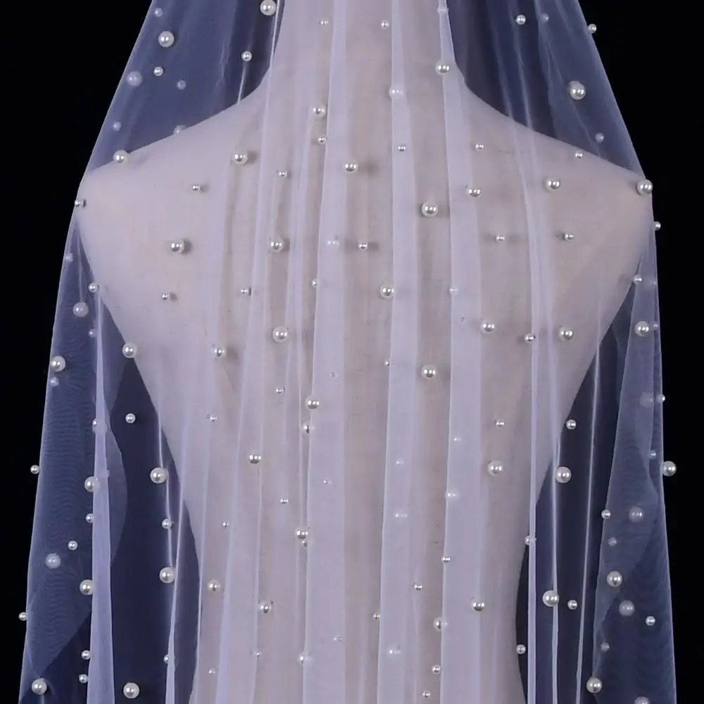 TOPQUEEN Perlen Hochzeit Schleier 1 Tier Soft Bridal Veil Beaded Hochzeit Zubehör 3M Kathedrale Länge Schleier für Braut Elfenbein v176 – Detail 5