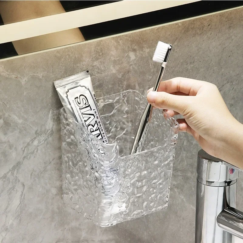 Punch-Free Toothpaste Holder Wall Mounted Makeup Brush Organizer Storage Rack Bathroom Storage Box Drain Box